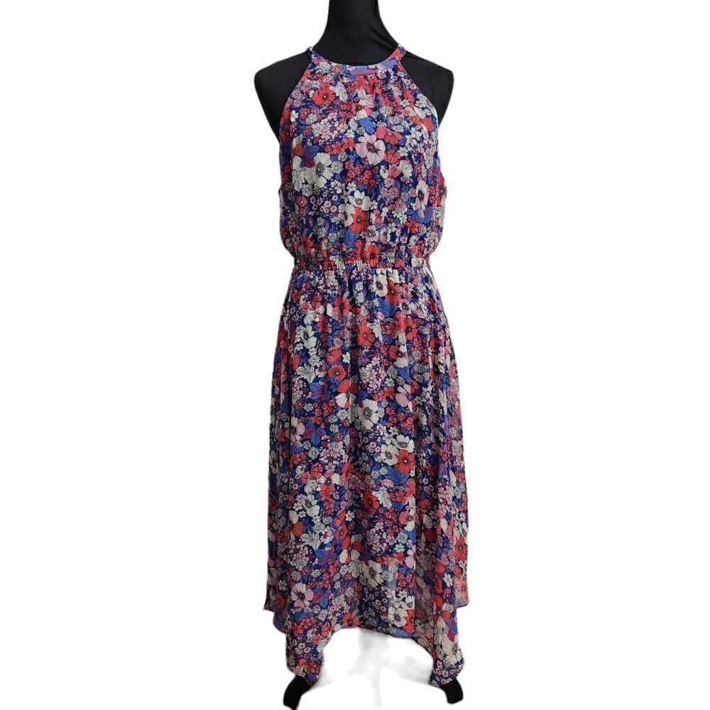 BCBG Paris Chiffon Dress Medium Halter Floral Midi Sheer Sleeveless